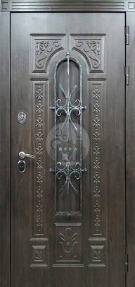 стальная входная дверь с кованой решеткой, стеклом, отделка из массив дерева-ДВ-687